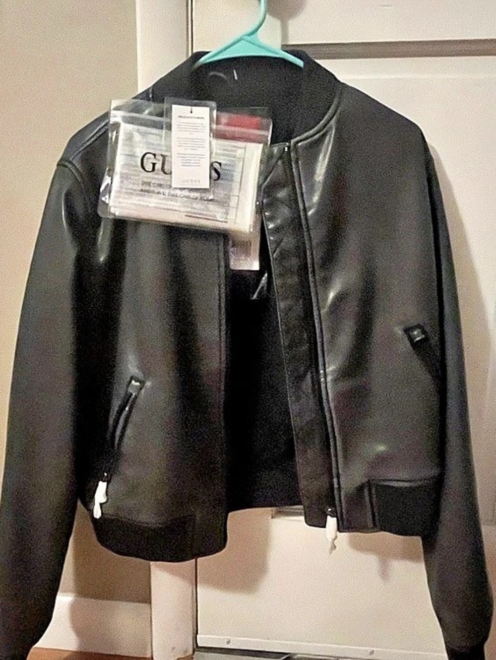 GUESS Los Angeles Faux Leather Bomber Jacket Black